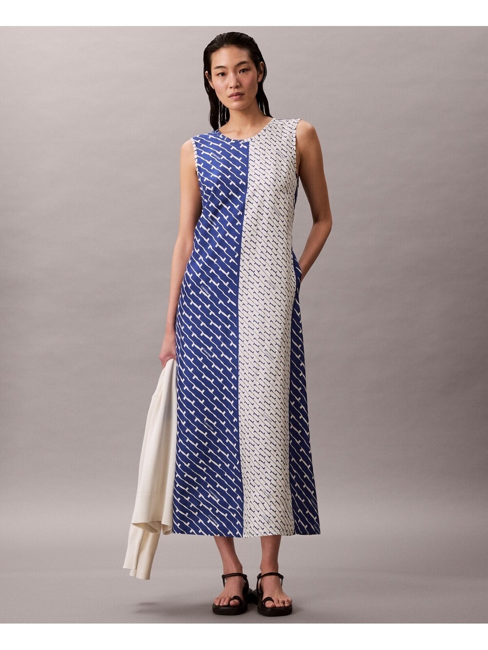Calvin Klein Womens Printed Color-Block Sl Navy M